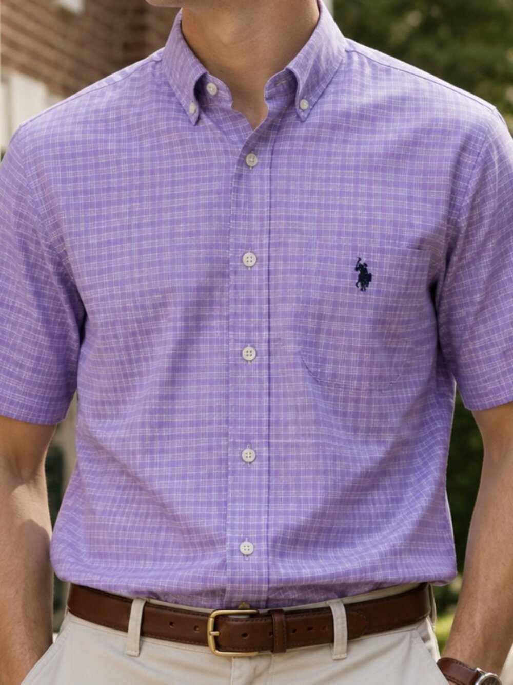 US Polo Assn Men's Plaid Short Sleeve Dress Shirt Size L Purple Embroidered Logo